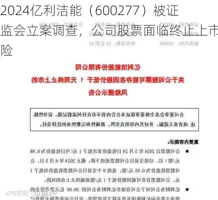 亿利洁能（600277）被证监会立案调查，公司股票面临终止上市风险